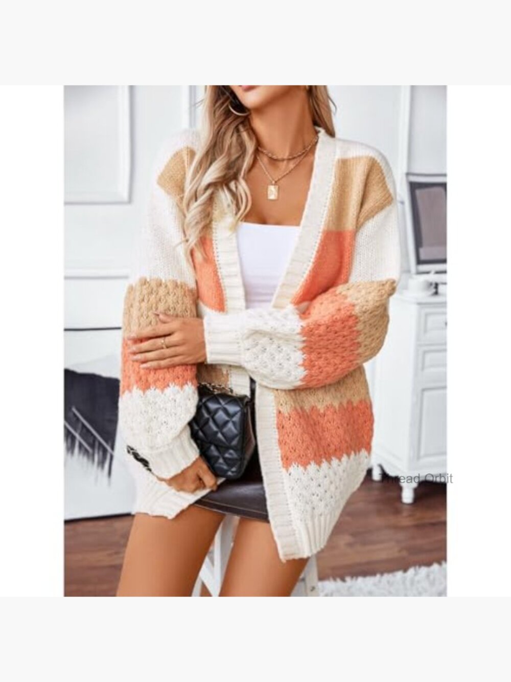 Long Sleeve Color Block Chunky Cable Knit Oversized Cardigan - Picture 3 of 7